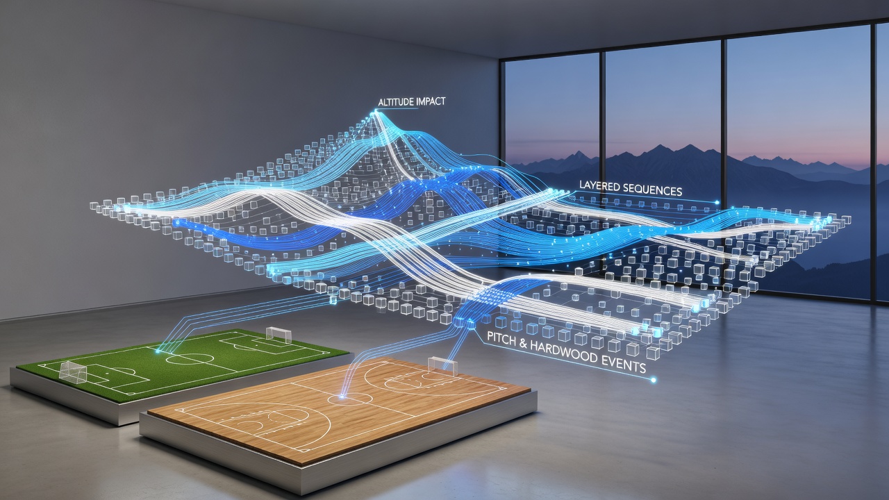 Basketball arena interior at altitude with players on hardwood court and thin mountain air visible through open roof sections
