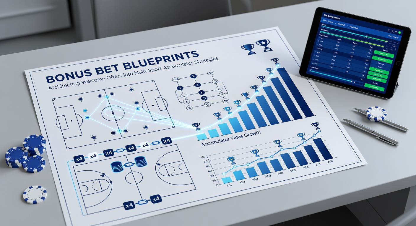 Visual blueprint of interconnected sports icons forming an accumulator bet structure with bonus bet overlays