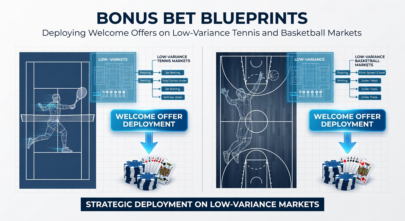 Tennis player serving on court with basketball hoop in background, illustrating crossover low-variance betting markets