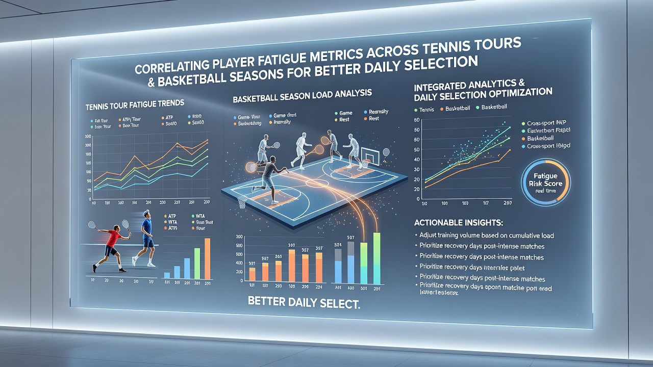 Analysts reviewing correlated fatigue charts from tennis and basketball datasets