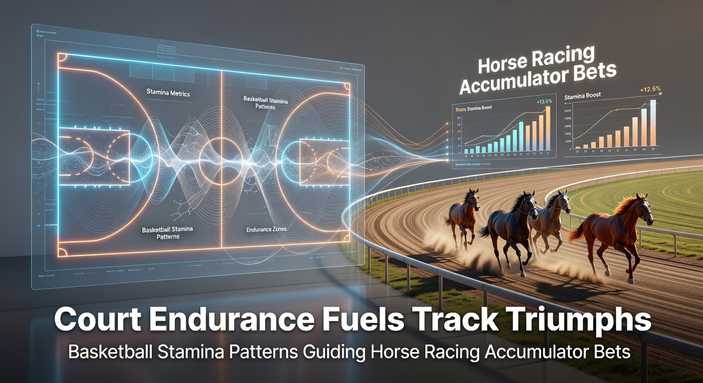 Basketball players pushing through final minutes on court alongside horses charging down the track, illustrating stamina parallels in sports betting