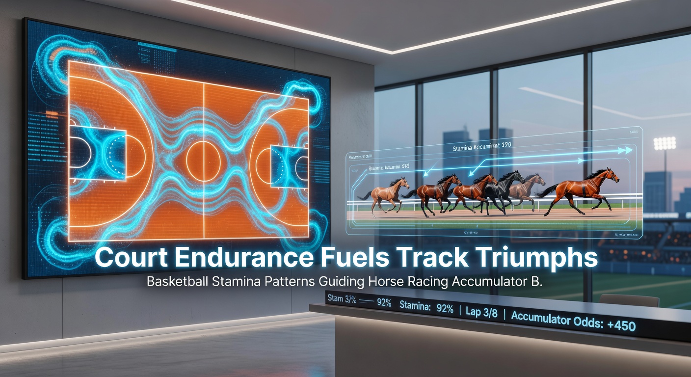 Data visualization overlaying NBA stamina charts with horse racing pace graphs, highlighting correlative betting patterns for accumulators