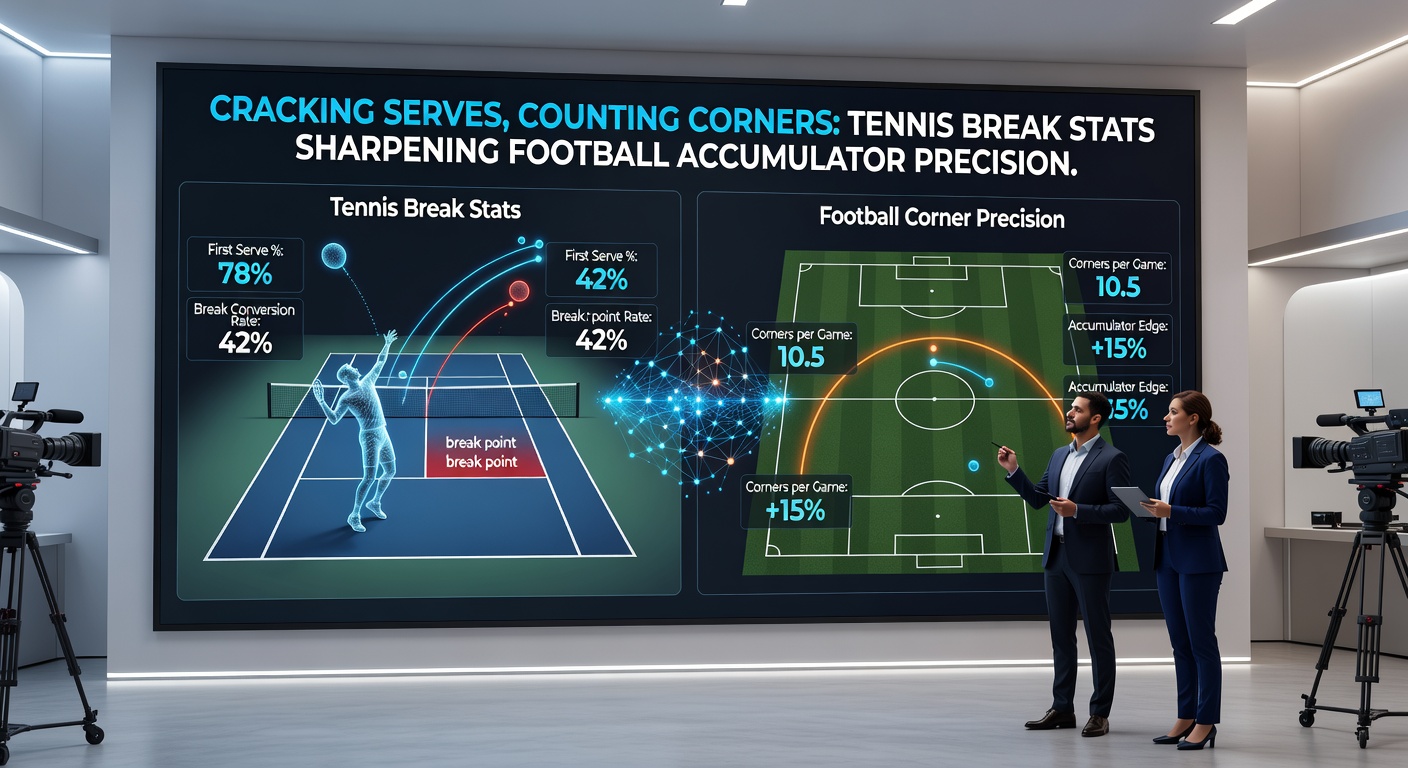 Close-up of a football corner being taken alongside tennis break point data charts, highlighting statistical correlations for bettors