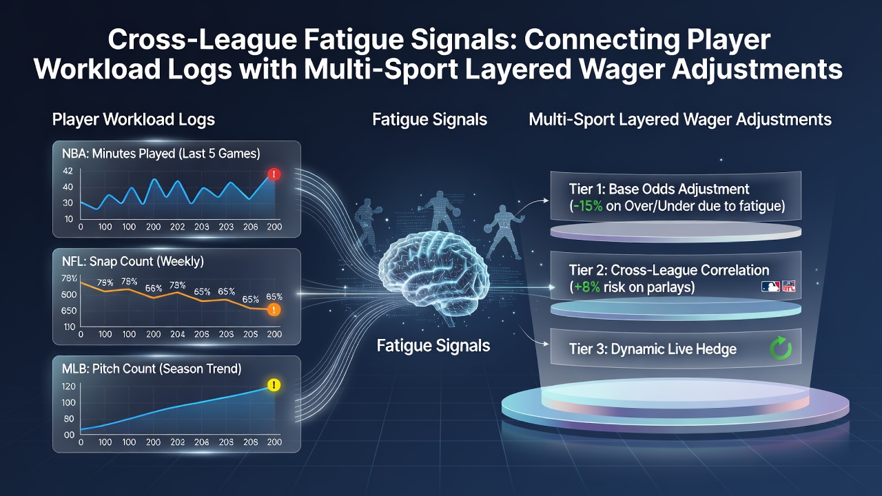Sports analytics dashboard displaying player workload logs across multiple leagues and fatigue signal indicators