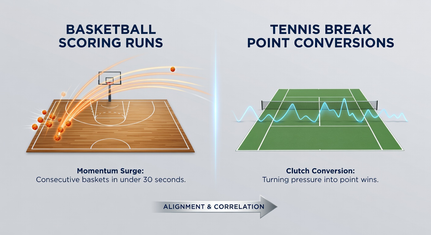 Infographic overlay of basketball scoring run statistics aligned with tennis break point conversion charts for betting analysis