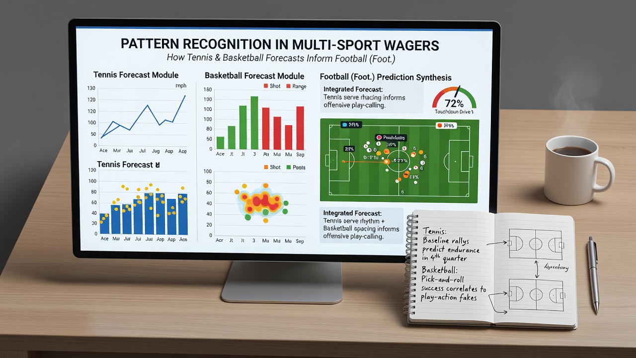 Diagram illustrating basketball assist ratios and tennis break point conversions influencing football accumulator probability outputs