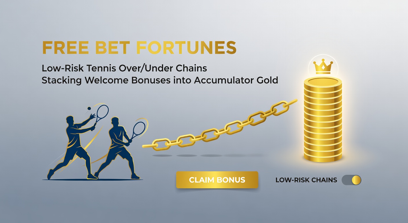 Digital graphic showing stacked betting slips with tennis over/under lines forming an accumulator chain, free bet icons cascading into jackpot visuals