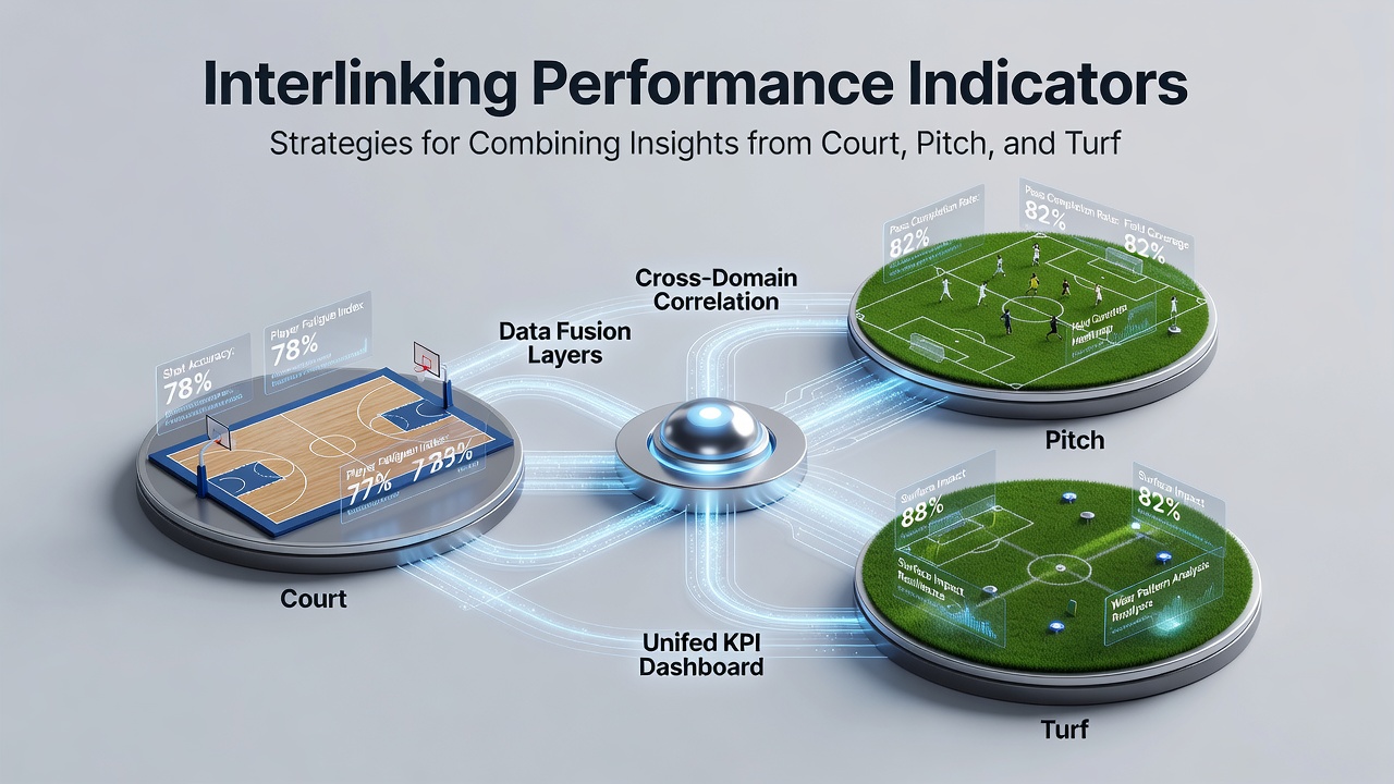 Infographic showing data flows between court, pitch, and turf performance indicators for accumulator construction