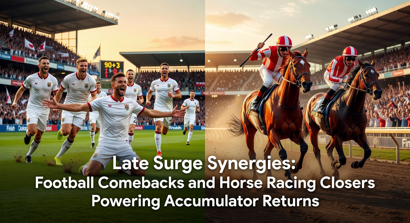 A dramatic football match showing a late goal celebration under floodlights, with a horse racing closer surging ahead in the final stretch overlaid for comparison