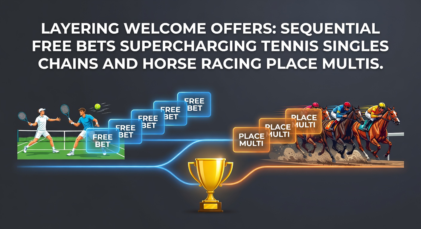 Visual breakdown of sequential free bet layering across tennis matches and horse racing multis, showing cascading payouts