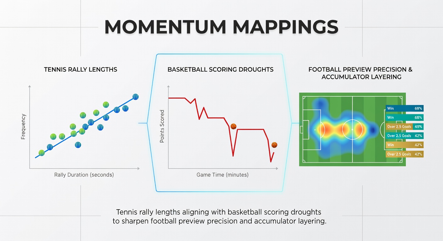 Visual representation of momentum patterns across tennis rallies, basketball scoring droughts, and football match previews for accumulator strategies