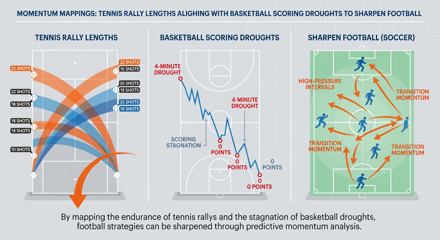 Infographic showing basketball scoring drought statistics aligned with tennis rally data for football accumulator layering