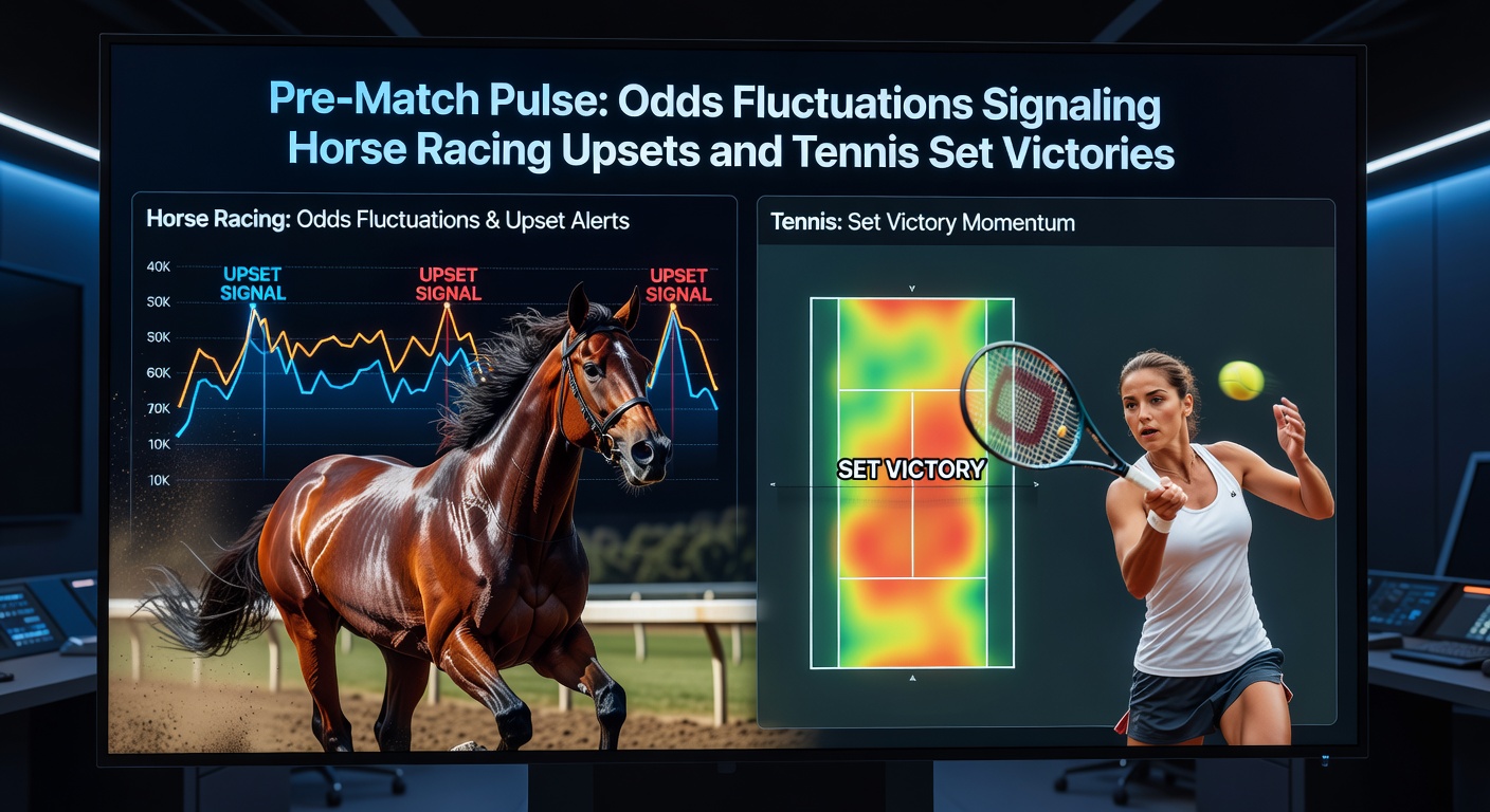 Tennis player mid-rally on clay court with overlaid odds chart showing pre-set shift favoring the comeback
