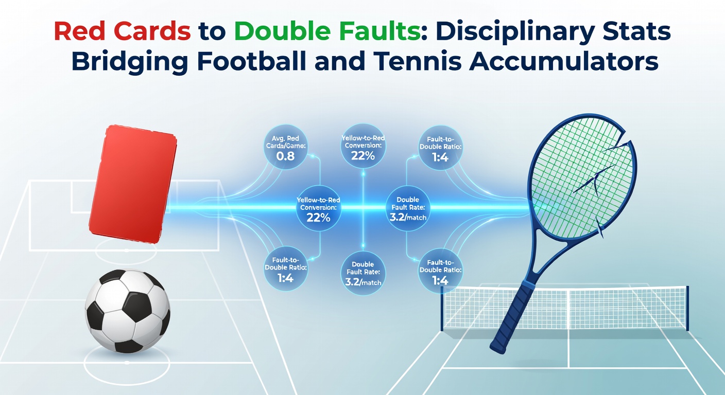 A split image showing a football referee issuing a red card on the pitch alongside a tennis player double-faulting during a crucial serve, highlighting disciplinary moments in both sports