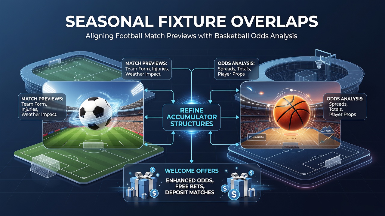 Football and basketball fixtures overlapping on a calendar with betting preview charts and odds tables displayed side by side