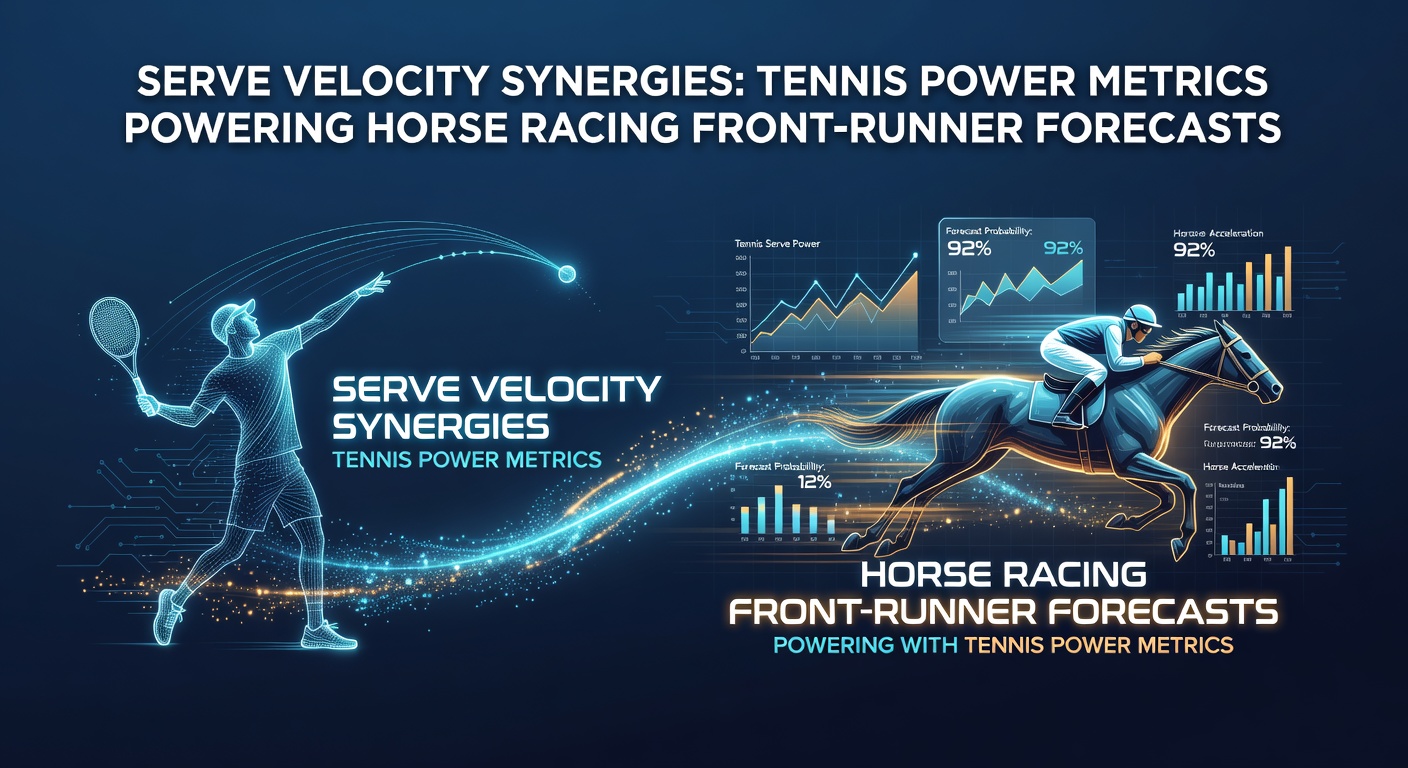 Tennis player delivering a powerful serve on a clay court, with speed radar graphic overlay, mirroring a horse sprinting ahead at the track