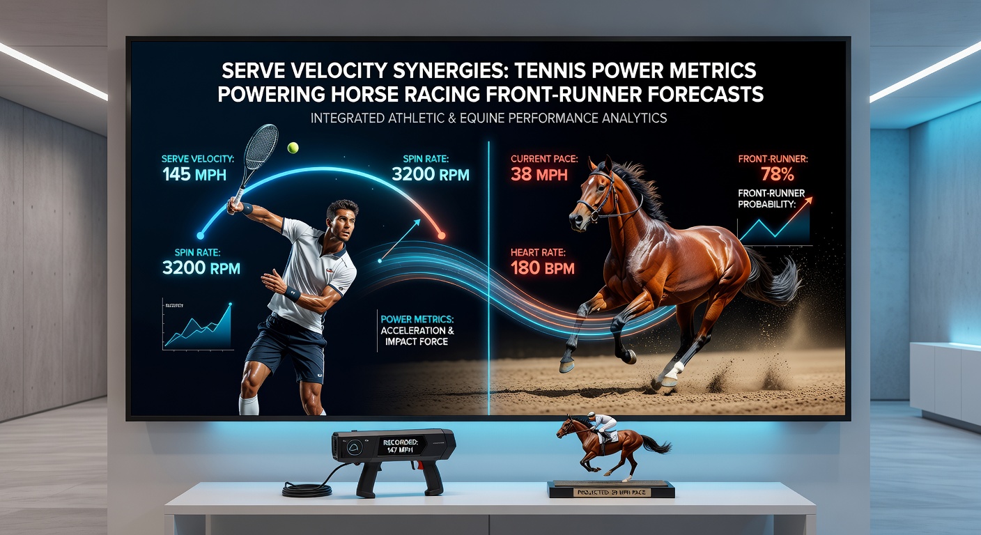 Split-image graphic showing tennis serve speed gun reading next to a horse race pace chart, highlighting correlated data points