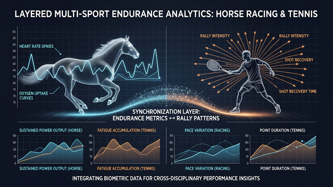Side-by-side comparison of horse racing sectional timing graphs and tennis rally heat maps used in cross-sport betting models
