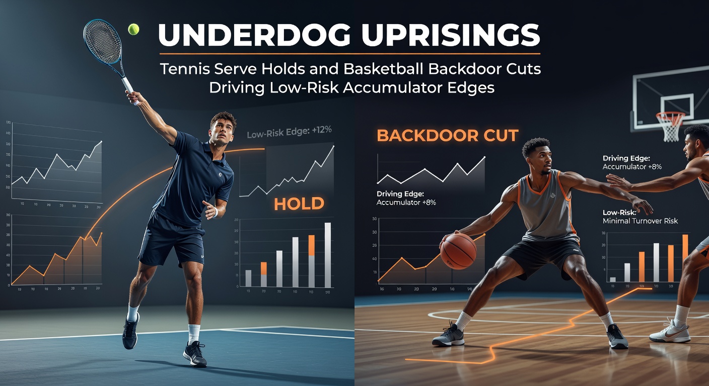 Dynamic split image showing a tennis player holding serve under pressure on clay court while a basketball cutter slips backdoor for an easy layup against a scrambling defense